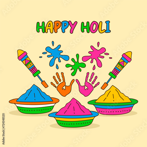 Dynamic Holi Celebration two figures in a lively exchange one joyfully throwing colorful powder, the other, wearing a vibrant lehenga choli, smiles with arms raised