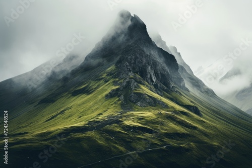 The image captures a towering green mountain amidst a cloudy sky.