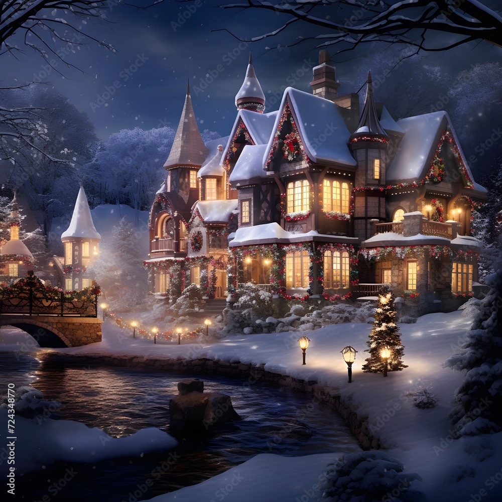 Winter night in the village. Beautiful winter landscape with houses and trees.