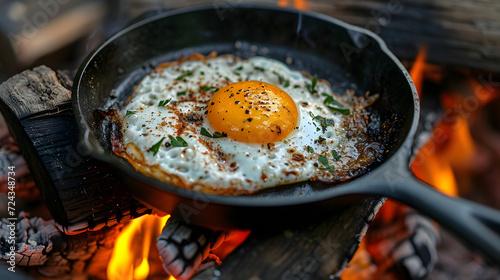Cooking Tasty sunny side up egg on the pan, ready to serve for breakfast, camping, traditional, view from above. copy space concept. photo