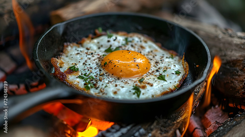 Cooking Tasty sunny side up egg on the pan, ready to serve for breakfast, camping, traditional, view from above. copy space concept. photo