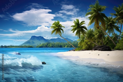 This photo is a painting capturing the scenic beauty of a tropical beach adorned with palm trees. © pham