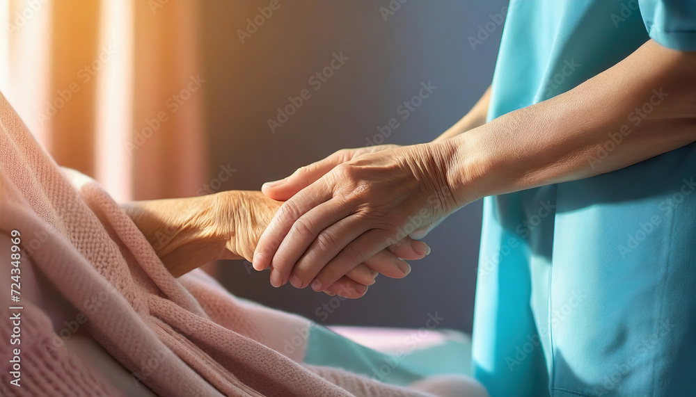 Taking care of the elderly concept with young woman holding the hand of a senior female patient - obrazy, fototapety, plakaty 