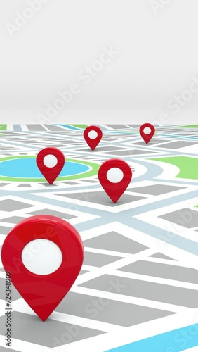 New home or new business location on city map with red pin popping out, vertical display 3D Animation