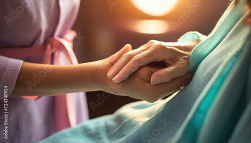 Taking care of the elderly concept with young woman holding the hand of a senior female patient photo