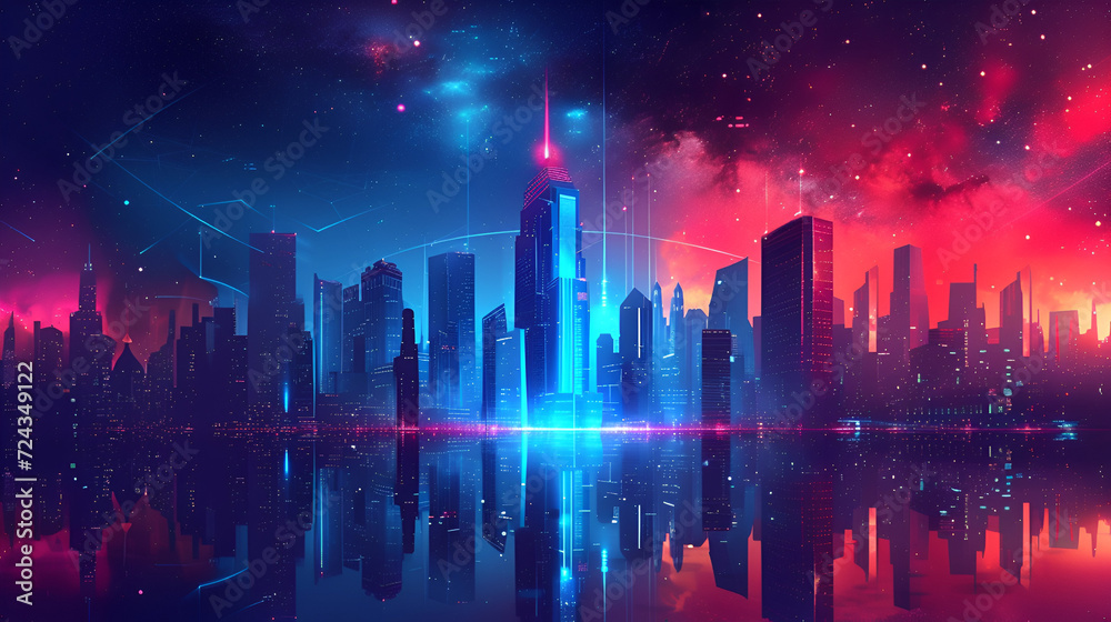 A city with a neon light and a cityscape.Futuristic cityscape on an abstract background with towering skyscrapers and neon lights. generative ai