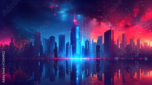 A city with a neon light and a cityscape.Futuristic cityscape on an abstract background with towering skyscrapers and neon lights. generative ai © Saleem