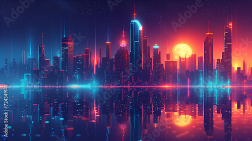 A city with a neon light and a cityscape.Futuristic cityscape on an abstract background with towering skyscrapers and neon lights. generative ai © Saleem