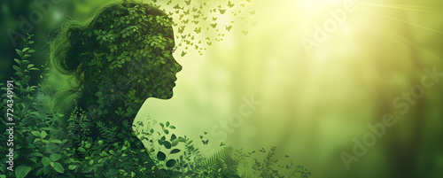 Earth Day banner featuring a profile of a woman against a green forest landscape with copy space, conveying the concept of environment caring for life on the planet. photo