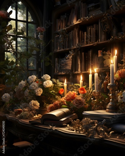 Witch s desk with books  candles and flowers. Halloween background