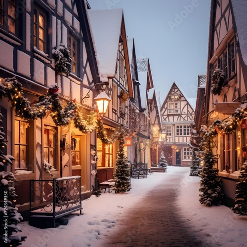 Winter street in the old town of Rothenburg ob der Tauber, Germany