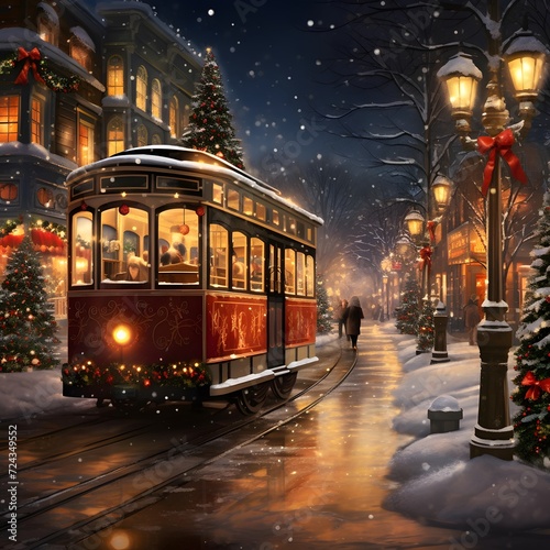 Digital painting of a traditional christmas cable car in a snowy winter street