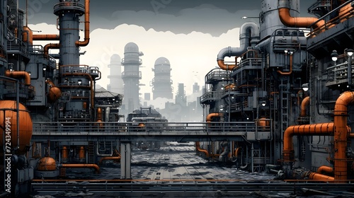 3D illustration of an industrial landscape with gas and oil refinery.