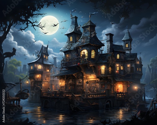 Halloween background with haunted house and moon in the sky - illustration for children