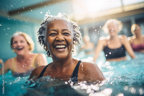 Retired Senior Enjoying Swimming and an Active Lifestyle in Pool African American Woman © Richard