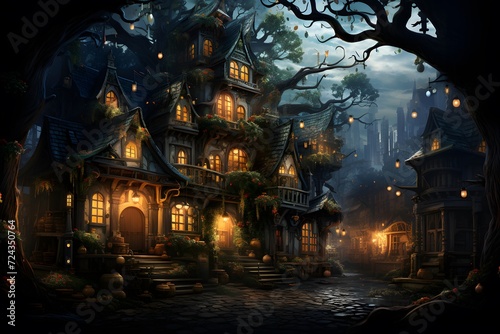 Digital painting of a haunted house at night in a spooky forest