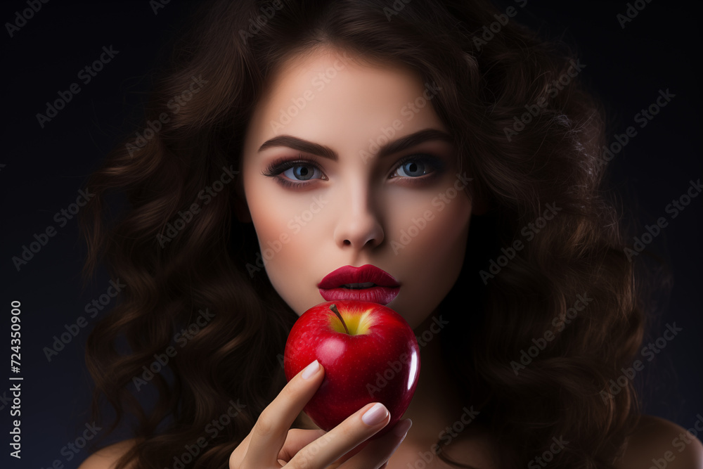Beautiful Model Holding a Red Apple Next to Her Mouth A seductive fruit Beautiful Model Holding a Red Apple Next to Her Mouth A seductive fruit