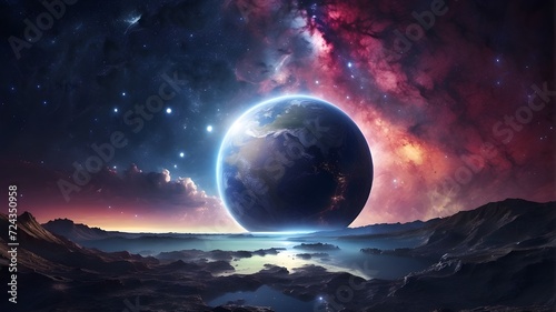 Glowing galaxy, moon, planets, and moonlight on earth