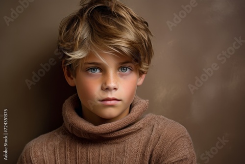 Portrait of a beautiful little boy with blond hair and brown sweater