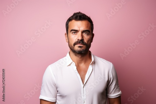 Portrait of a handsome man in a white shirt on a pink background.