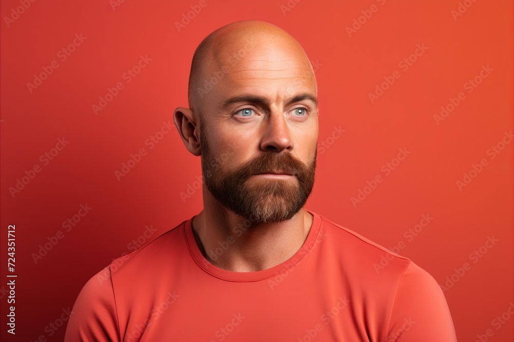 Portrait of a bald man in a red T-shirt on a red background. Portrait of a bald man in a red T-shirt on a red background.