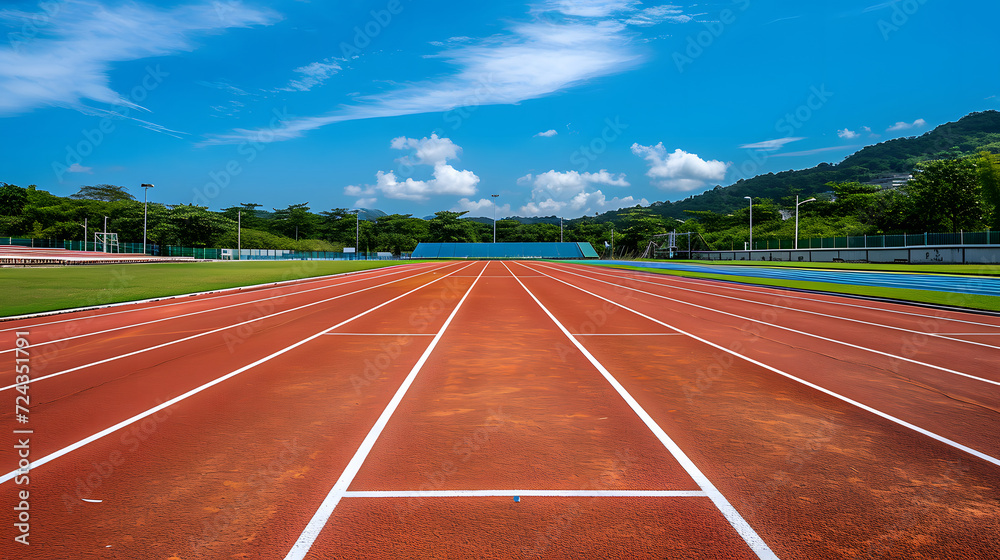 Athlete running track sport arena, with white line and blue sky view. copy space.