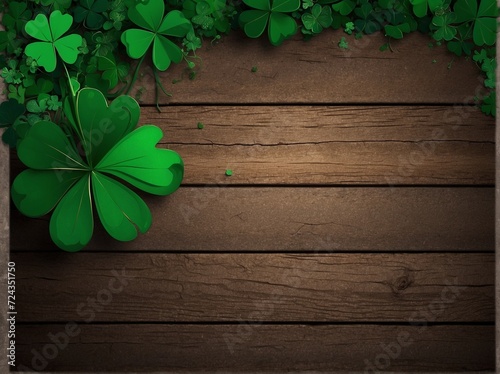 Composition: Green Irish shamrock on wooden background.St. Patrick's holiday concept.Background for design, print, greeting card, banner, flyer, advertisement, menu, with copy space for text