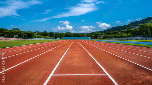 Athlete running track with panoramic view. sport arena, Empty, copy space.