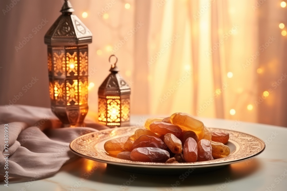 iftar meal and lantern lamp with copy space iftar meal and lantern lamp with copy space
