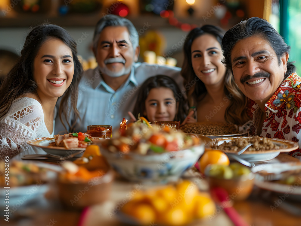 Hispanic family sitting at the table enjoying traditional Latin American Christmas dinner