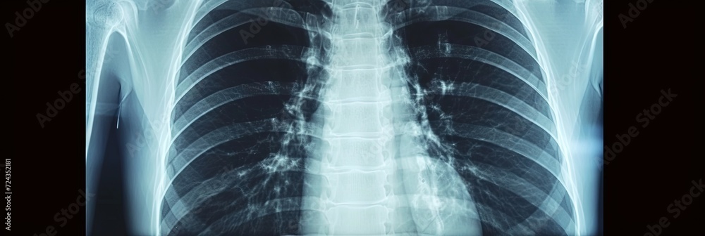 Chest x-ray with ribs and spinal cord. Skeletal bones - obrazy, fototapety, plakaty 
