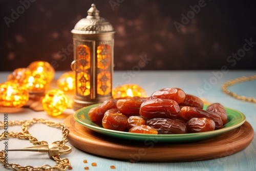 iftar meal and lantern lamp with copy space