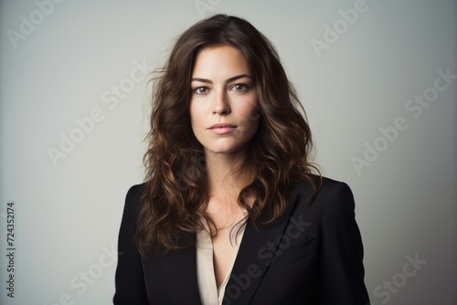 Portrait of young businesswoman in black suit. Studio shot.