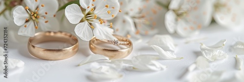 two wedding bands with flowers for a marriage banner on solid background with copy space  photo