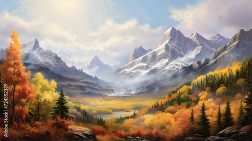 Autumn landscape with colorful forest and mountains. Panoramic view.