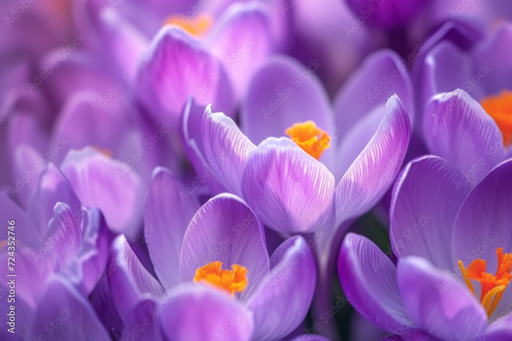 Cluster of crocuses lit by warm spring light, accentuating their rich purple color Cluster of crocuses lit by warm spring light, accentuating their rich purple color