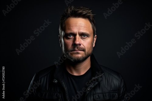 Portrait of a serious man in a leather jacket on a dark background.