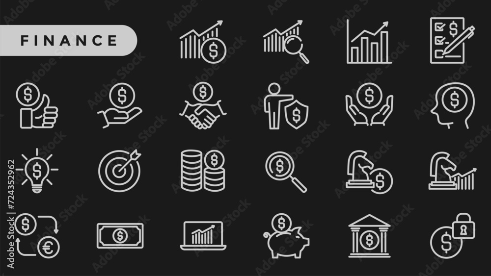 Finance line icon set, outline vector symbol collection, linear pictogram pack isolated on black, eps 10. Finance line icon set, outline vector symbol collection, linear pictogram pack isolated on black, eps 10.