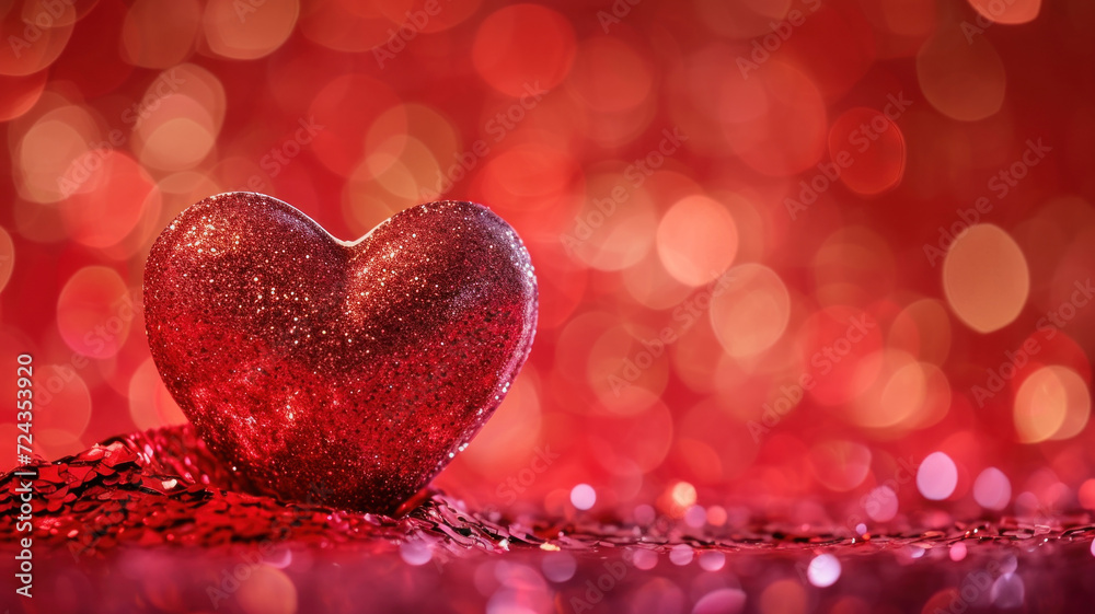 Valentine's background with copy space. Heart made of sparkles on a red background.