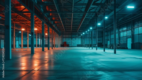 Interior photo of an empty warehouse, at night, teal and orange color palette