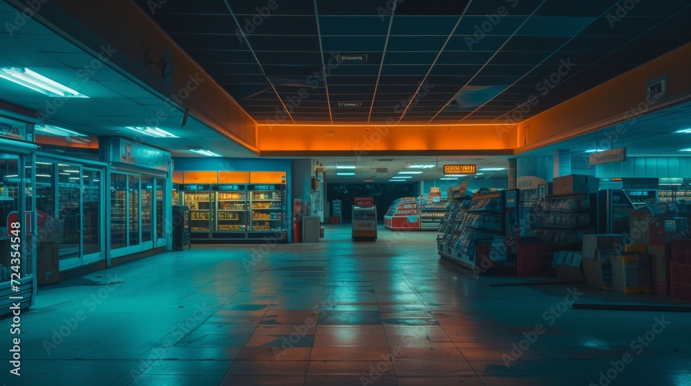 interior photo of an abandoned supermarket, at night, teal and orange color palette