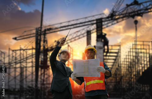 Two engineers in hardhats examining and discussing project blueprints at a busy construction site at sunset..