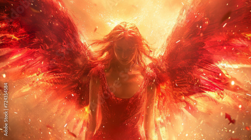 With fiery red wings and a determined expression Archangel Uriel exudes the energy of justice and illumination as the angel of wisdom and light. photo