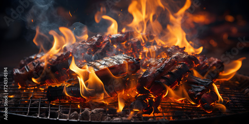 Barbecue on grill in fire