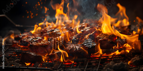 Barbecue on grill in fire