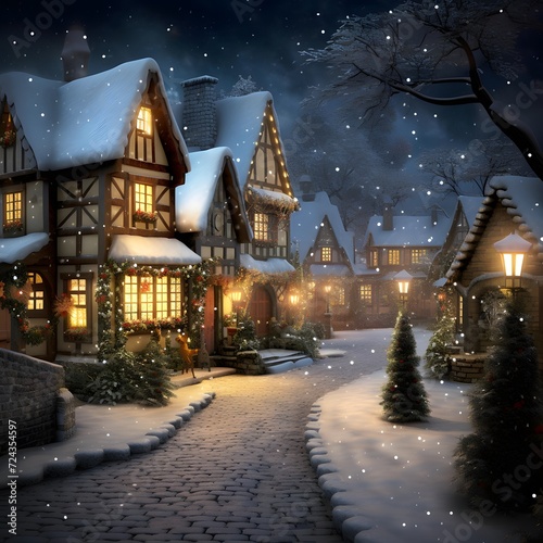 Winter night in the village. Christmas and New Year background. 3d rendering