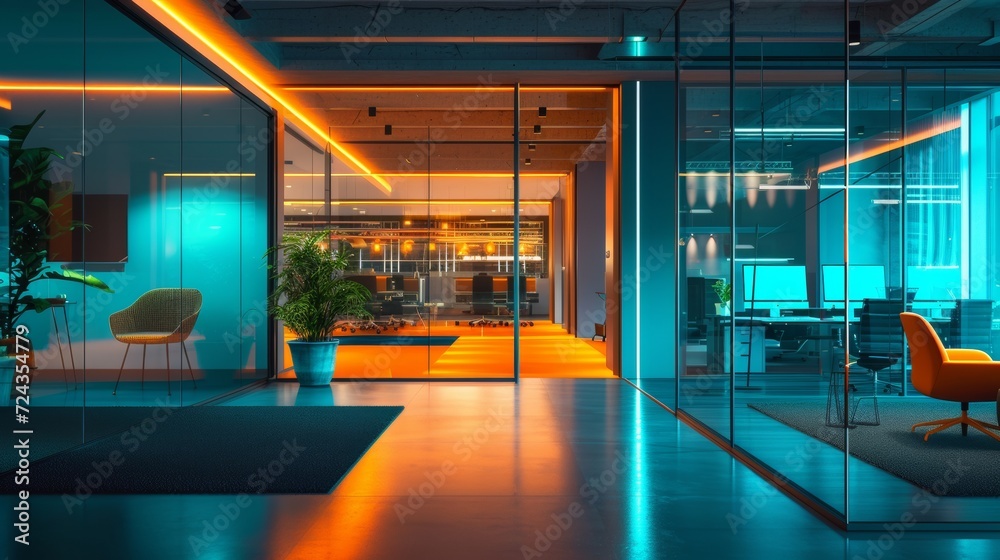 Interior of a corporate office space, at night, teal and orange color palette