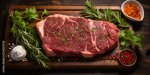 Raw red meat with herbs photo