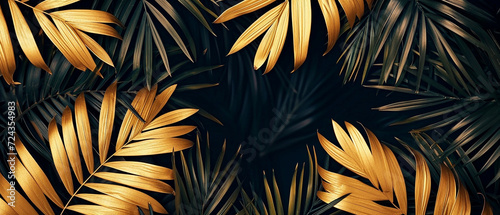 Luxurious Golden Palm Leaves on Dark Background. Generative ai.