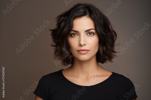 Portrait of young beautiful brunette woman in black t-shirt